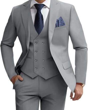 Mens 3 Piece Slim Fit Suit Set, Double Breasted Blazer Vest Pants Business Tuxedo Dress