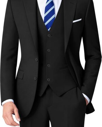 Mens Stretch Suit Slim Fit 3-Piece, 2 Buttons Jacket Vest Adjustable Waist Pants