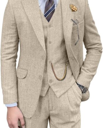 Retro Mens 3 Piece Suit Tweed Herringbone Slim Fit Suits Groomsmen Brown Tuxedos Set Prom Jacket Blazer Vest Pants for Men