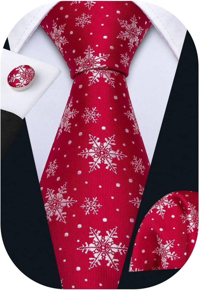 Christmas Ties for Men Necktie Festival Tie Sets Xmas Tree Snowflakes Handkerchief Cufflinks Party Holiday
