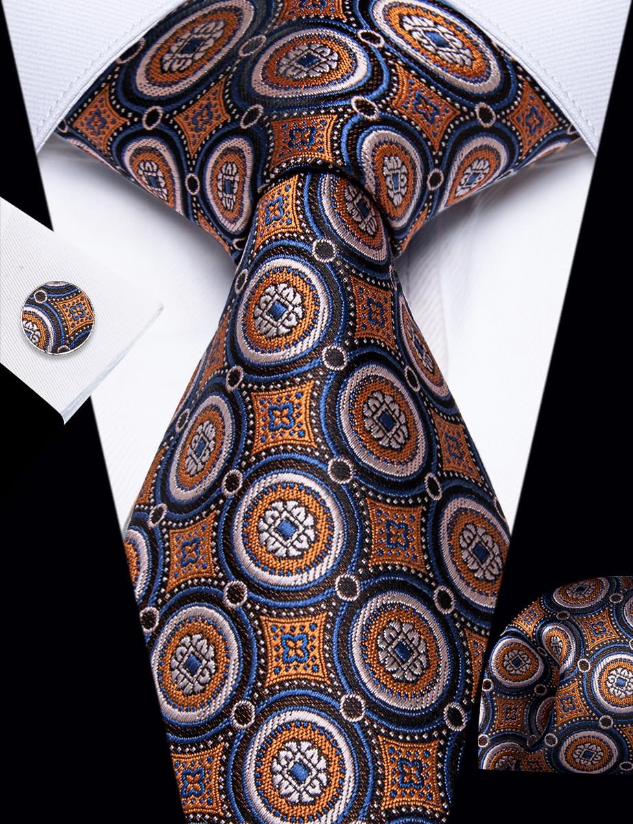 Silk Paisley Floral Tie and Pocket Squard Cufflinks with Lapel Pin Sets for Men 5PC Wedding Party