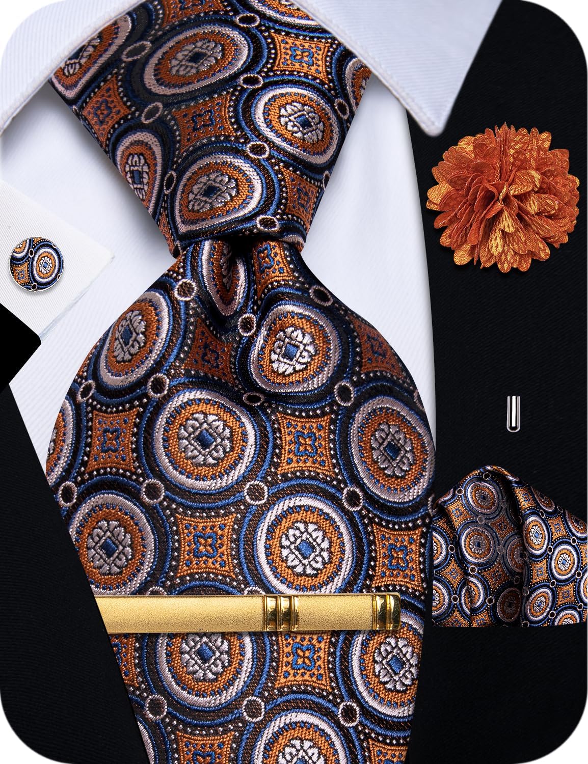 Silk Paisley Floral Tie and Pocket Squard Cufflinks with Lapel Pin Sets for Men 5PC Wedding Party