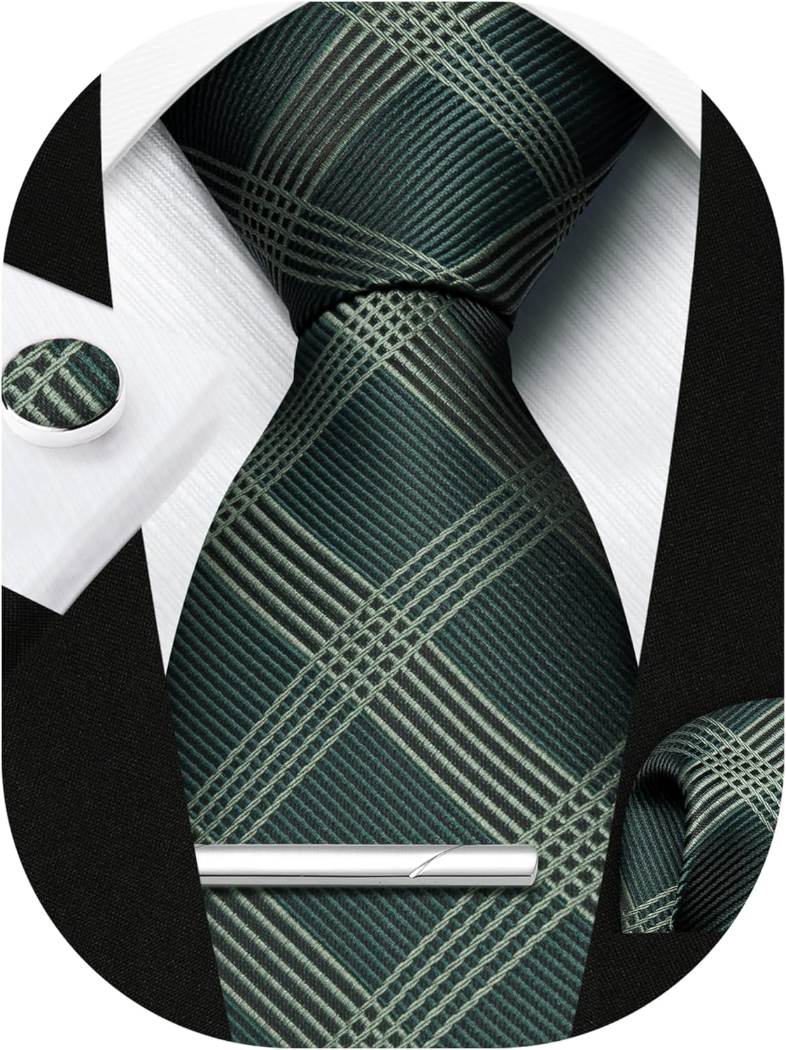 Plaid Ties for Men Classic Checkered Tie and Pocket Square Cufflinks Tie Clip Set Woven Men's Necktie Business
